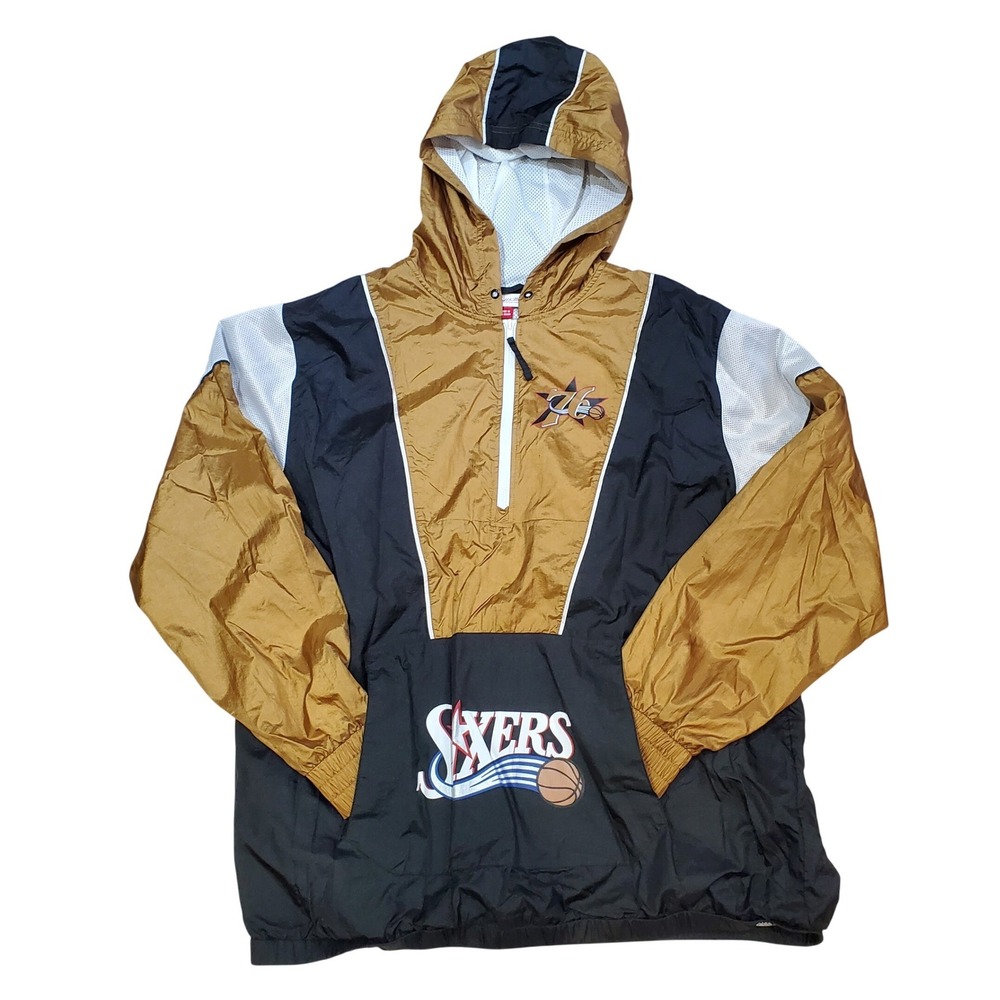 Mitchell Ness Philadelphia 76ers Hardwood Classics Anorak Jacket Gold Black 2XL